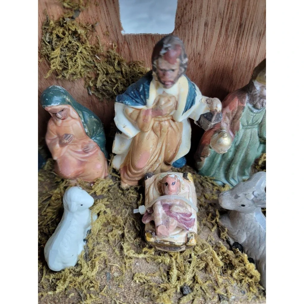 Vintage Nativity Scene Barn Christmas Animals 3 Kings